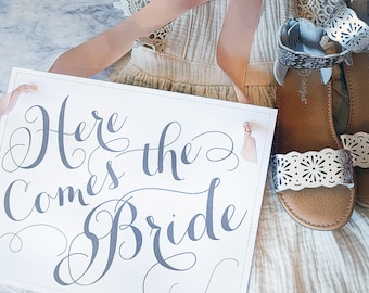 Elegant Script "Here Comes the Bride" Wedding Sign for Ring Bearer, Flower Girl Wedding Banner