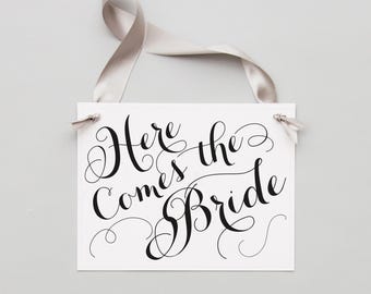 Here Comes The Bride, Ring Bearer Ceremony Sign | Linen Textured Cardstock, Satin Ribbon, Child Carried