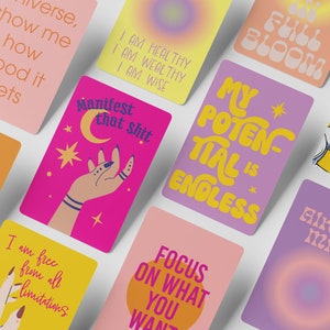 Jeu de 16 cartes d'affirmation dynamique pour la positivité et la manifestation – des mantras stimulants et édifiants avec des citations motivantes impertinentes