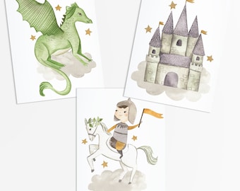 May include: Three watercolor art prints featuring a green dragon, a castle, and a knight on a white horse. The dragon has green wings and sits on a cloud. The castle is gray with gold flags. The knight holds an orange flag.