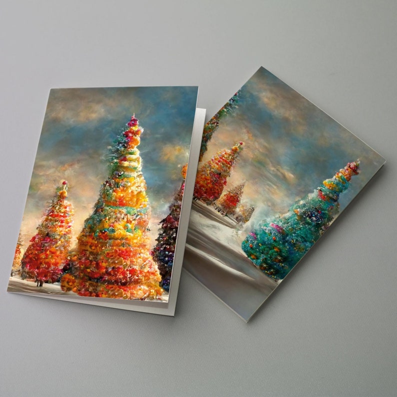 24 Magical Snowy Rainbow Christmas Tree Cards in 4 Colorful Uplifting Illustrations Envelopes RR3 6998 image 2