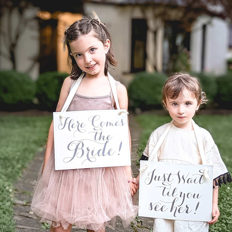 Set of 2 Wedding Signs Here Comes The Bride Just Wait Til You See Her Ring Bearer Flower Girl Ceremony Banners 2143 image 9