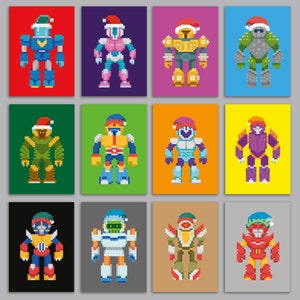 May include: Twelve pixel art robot illustrations, each wearing a Santa hat. The robots are in various colours, including blue, pink, yellow, green, and purple, set against a backdrop of vibrant backgrounds.