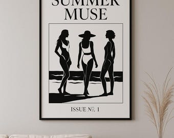 Summer Muse - Impression minimaliste d'art au trait noir et blanc | Art mural éditorial mode | Téléchargement numérique | Poster de plage imprimable