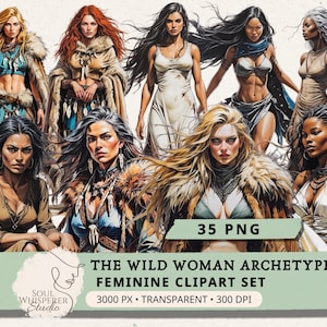 Wild Woman Archetype Clipart - Primal Goddess PNG, Tribal Shamanic Illustrations, Forest Witch Art, Junk Journal Ephemera, Commercial Use