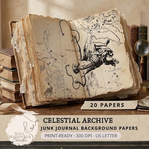 May include: An open vintage book with celestial illustrations, featuring constellations and figures, rests on a wooden surface. The book's aged pages are visible, alongside other antique books, a magnifying glass, and the text "20 PAPERS". The image is labeled "CELESTIAL ARCHIVE".