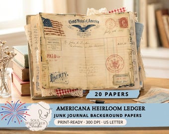 Puede incluir: Un conjunto de papeles de registro de estilo vintage con una bandera estadounidense y sellos patrióticos. Los papeles están envejecidos y desgastados, con texto visible y un sello "Pagado". La imagen incluye el texto "20 PAPERS" y "AMERICANA HEIRLOOM LEDGER JUNK JOURNAL BACKGROUND PAPERS."