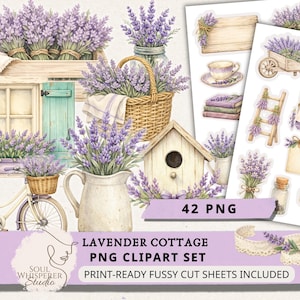 May include: A watercolour clipart set with lavender bouquets, a bicycle, a birdhouse, and other cottage-themed elements. The set includes 42 PNG files. The image text reads "LAVENDER COTTAGE PNG CLIPART SET" and "PRINT-READY FUSSY CUT SHEETS INCLUDED."