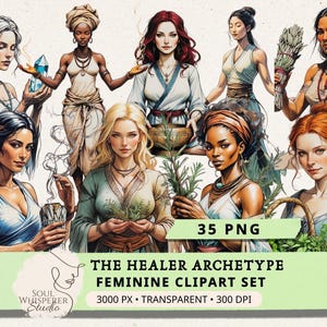 35 Healer Archetype Clipart: Medicine Woman PNG, Herbalist Goddess Illustrations, Natural Healing Art, Junk Journal Ephemera, Commercial Use