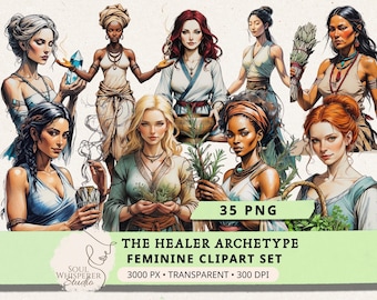 35 Heiler Archetyp Clipart: Medizinfrau PNG, Kräuterkundler Göttin Illustrationen, Naturheilkunst, Junk Journal Ephemera, kommerzielle Nutzung