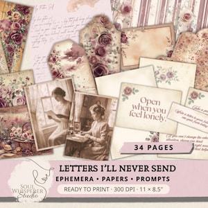 May include: A collection of vintage-style ephemera, papers, and prompts with a floral rose design. The set includes various paper sizes, tags, and cards with text that reads "Open when you feel lonely." The image also includes vintage photographs.