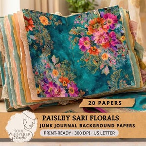 Puede incluir: Diario basura abierto con diseño floral paisley sari. Las páginas revelan un vibrante fondo turquesa con flores coloridas en tonos rosa, naranja y morado. El texto de la imagen dice "PAISLEY SARI FLORALS JUNK JOURNAL BACKGROUND PAPERS PRINT-READY 300 DPI US LETTER".