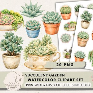 May include: Watercolor clipart set featuring various succulent plants in pots and teacups. The image includes a variety of green, pink, and blue succulents, with the text "SUCCULENT GARDEN WATERCOLOR CLIPART SET" and "20 PNG".