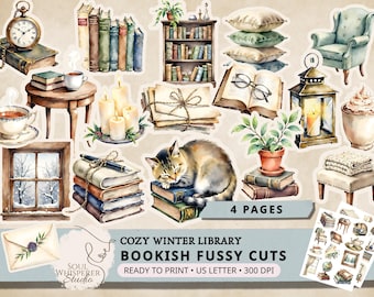 May include: Watercolor illustrations of cozy winter library elements. Includes books, a cat, candles, a pocket watch, a teacup, a window, and the text "COZY WINTER LIBRARY BOOKISH FUSSY CUTS READY TO PRINT US LETTER 300 DPI".