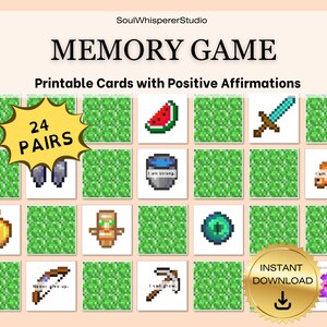 Jogo de memória em pixel art com afirmações, cartas de correspondência para impressão para crianças, educação domiciliar, atividade de aprendizagem educacional, download digital