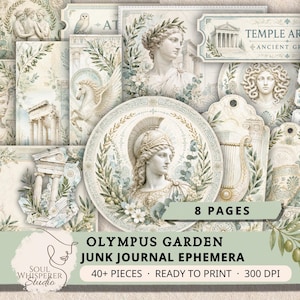 May include: A collection of printable junk journal ephemera featuring Greek mythology themes, including statues, temples, and laurel wreaths in soft neutral tones. The set includes 8 pages with over 40 pieces, labeled Olympus Garden Junk Journal Ephemera.