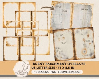 Burnt Edge Vintage Parchment Overlays, Distressed Grunge Paper Borders, Junk Journal Scrapbook Frames, Aged Sepia Mixed Media Collage Pages