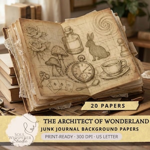 Può includere: Libro aperto con illustrazioni in stile vintage di un coniglio, funghi, un orologio da tasca e una tazza da tè. Il libro fa parte di un set di 20 fogli per junk journal. Il testo recita "The Architect of Wonderland".