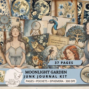 Whimsigoth Junk Journal Kit, Celestial Moon Phase Ephemera, Blue Gold Grimoire Paper, Botanical Goddess Scrapbook, Witchy Oracle Journaling