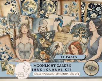 Whimsigoth Junk Journal Kit, Celestial Moon Phase Ephemera, Blue Gold Grimoire Paper, Botanical Goddess Scrapbook, Witchy Oracle Journaling