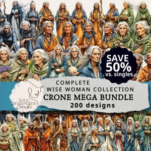 May include: A digital art collection featuring numerous illustrations of elderly women with white hair, dressed in various robes and shawls. The image includes text that reads "COMPLETE WISE WOMAN COLLECTION CRONE MEGA BUNDLE 200 designs" and "SAVE 50% vs. singles."