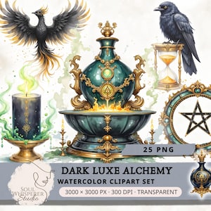 Clipart de alquimia esotérica, símbolos místicos de oro negro para grimorio, diario de trabajo de sombras PNG, arte de brujería gótica, uso comercial
