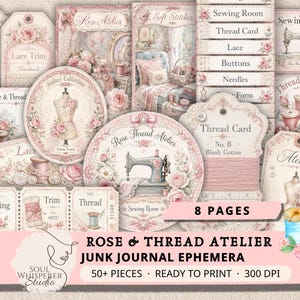French Country Rose Floral Sewing Ephemera, Vintage Pink Junk Journal Kit, Fussy Cuts Printable, Lace Thread Collage Sheet, Digital Download