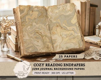 Marbled Endpaper Junk Journal Papers, Cozy Library Backgrounds, Vintage Bookcloth Printable Papers for Scrapbooking, Collage, Art Journals