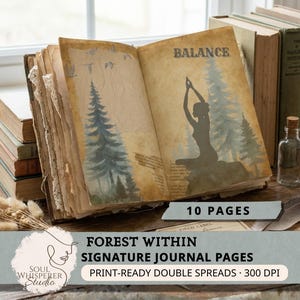 マインドフルネスジャーナルページ、森林浴アートシート（印刷可能）、自然瞑想のグリモア、ヨガ女性用スクラップブック用紙、デジタルダウンロード