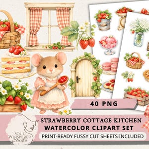 Könnte beinhalten: Aquarell-Clipart-Set mit Erdbeer-Cottage-Küchen-Thema. Enthält Illustrationen von Erdbeeren, einem Korb, einem Fenster, einer Maus, einem Kuchen und anderen Küchenartikeln. Das Set enthält 40 PNG-Bilder.