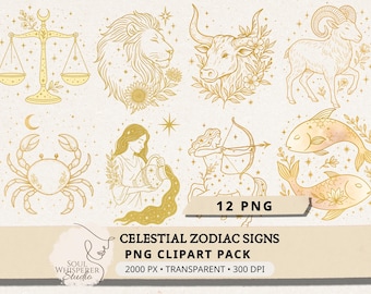 Zodiac Signs PNG Clipart Bundle, Astrology Line Art, Celestial Horoscope Symbols, Junk Journal Collage, Cricut, Sublimation, Sticker PNG