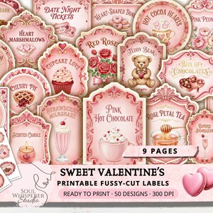 May include: A collection of pink and white Valentine's Day-themed labels with various designs, including desserts, drinks, and a teddy bear. The labels feature text such as "Sweet Valentine's" and "Printable Fussy-Cut Labels."