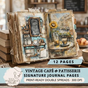 Pagine di diario di caffè vintage, pagine di album di ritagli di caffè, carte digitali di viaggio di panetterie europee, kit di collage stampabile con acquerelli accoglienti