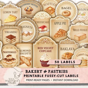 Vintage-Etiketten für Gebäck, druckbare Junk-Journal-Elemente, neutrale Lebensmittelanhänger, aufwendig zugeschnittene Aufkleber, Retro-Cliparts, Scrapbook-Download