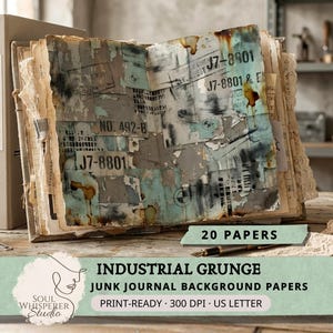 Puede incluir: Un diario basura abierto con papeles envejecidos y en capas en tonos turquesa, gris y marrón. Las páginas muestran texto y números descoloridos, con el texto "J7-8801" visible. El diario está etiquetado como "Industrial Grunge" y "20 Papers".