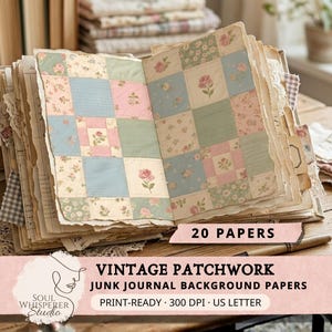 Può includere: Un diario vintage aperto, che mostra una pagina con un design patchwork in colori pastello. Il patchwork presenta quadrati di tessuto azzurro, rosa e verde con motivi floreali. Il testo "20 PAPERS" è visibile, insieme alle parole "VINTAGE PATCHWORK" e "JUNK JOURNAL BACKGROUND PAPERS".