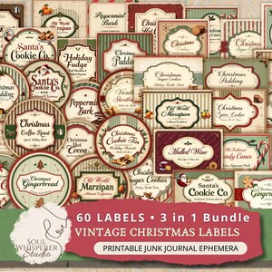 Paquete de etiquetas navideñas vintage: etiquetas imprimibles rectangulares, redondas y cuadradas para carpetas de recetas, cafeterías, diarios y mesas de bufé.