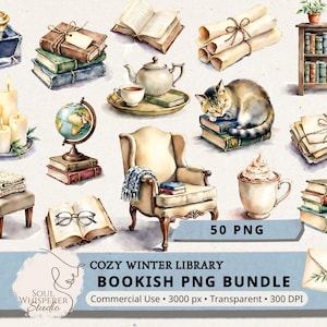 Cozy Winter Library Clipart PNG – Watercolor Bookish Books Mugs Chairs Cat, Hygge Reading Nook Stickers for Junk Journals, Planners & Cricut