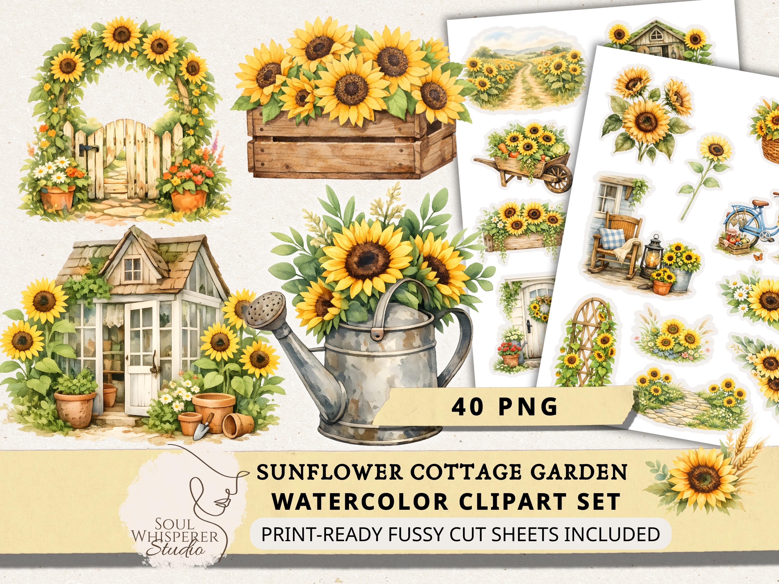 Sunflower Cottagecore Clipart Set, Farmhouse Garden Scenes for Junk ...