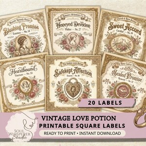 May include: A collection of vintage-style printable square labels with ornate borders and illustrations. The labels feature text such as "Blushing Promise" and "Safekept Affection." The image also includes the text "Vintage Love Potion Printable Square Labels."