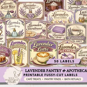 May include: A collection of 50 printable lavender-themed labels. The labels feature illustrations of lavender products like sleep mist, perfume, sugar cookies, honey, linen spray, shortbread, soap, tea, and cold brew. The labels are in a vintage style with a purple and cream color scheme.
