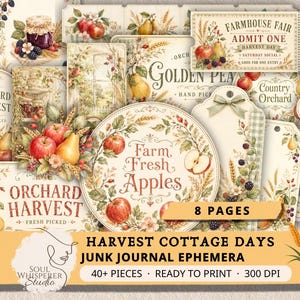Può includere: Una collezione di effimeri stampabili per junk journal con motivi a tema raccolto, tra cui mele, pere, bacche e grano. Il set include etichette, cartellini e carte circolari con testi come Farm Fresh Apples, Orchard Harvest e Farmhouse Fair.