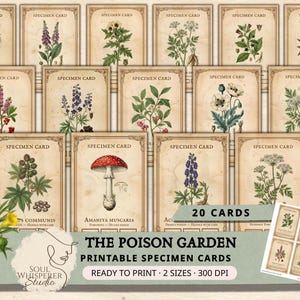 May include: A collection of 20 vintage-style printable specimen cards featuring botanical illustrations of various plants and fungi. The cards have a distressed, aged appearance with the text "Specimen Card" at the top. The title "The Poison Garden" is displayed.
