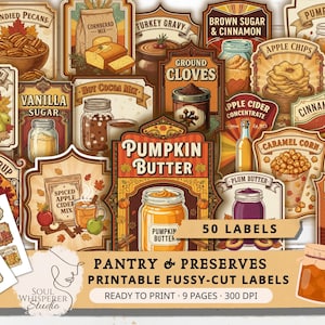 Harvest Pantry & Preserves、ヴィンテージキッチン缶詰ラベル50枚、ジャンクジャーナル用ジャム瓶スパイスエフェメラ（レターサイズ、300 DPI）