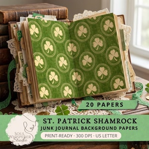 Puede incluir: Un diario abierto con páginas estampadas con tréboles verdes. El diario está rodeado de libros antiguos, encajes y cintas verdes. El texto de la imagen dice "20 PAPERS" y "ST. PATRICK SHAMROCK JUNK JOURNAL BACKGROUND PAPERS".