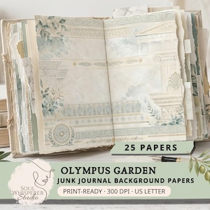 Può includere: Un junk journal aperto con pagine che presentano illustrazioni architettoniche classiche in azzurro e beige, tra cui colonne e motivi a greca. Il testo sull'immagine recita 25 PAPERS, OLYMPUS GARDEN JUNK JOURNAL BACKGROUND PAPERS, PRINT-READY, 300 DPI, US LETTER.