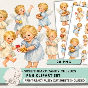 ヴィンテージバレンタイン天使の透明PNGクリップアート、1950年代のキャンディエンジェル、ジャンクジャーナル用のキューピッドのエフェメラ、印刷可能なファジーカットシート、スクラップブック