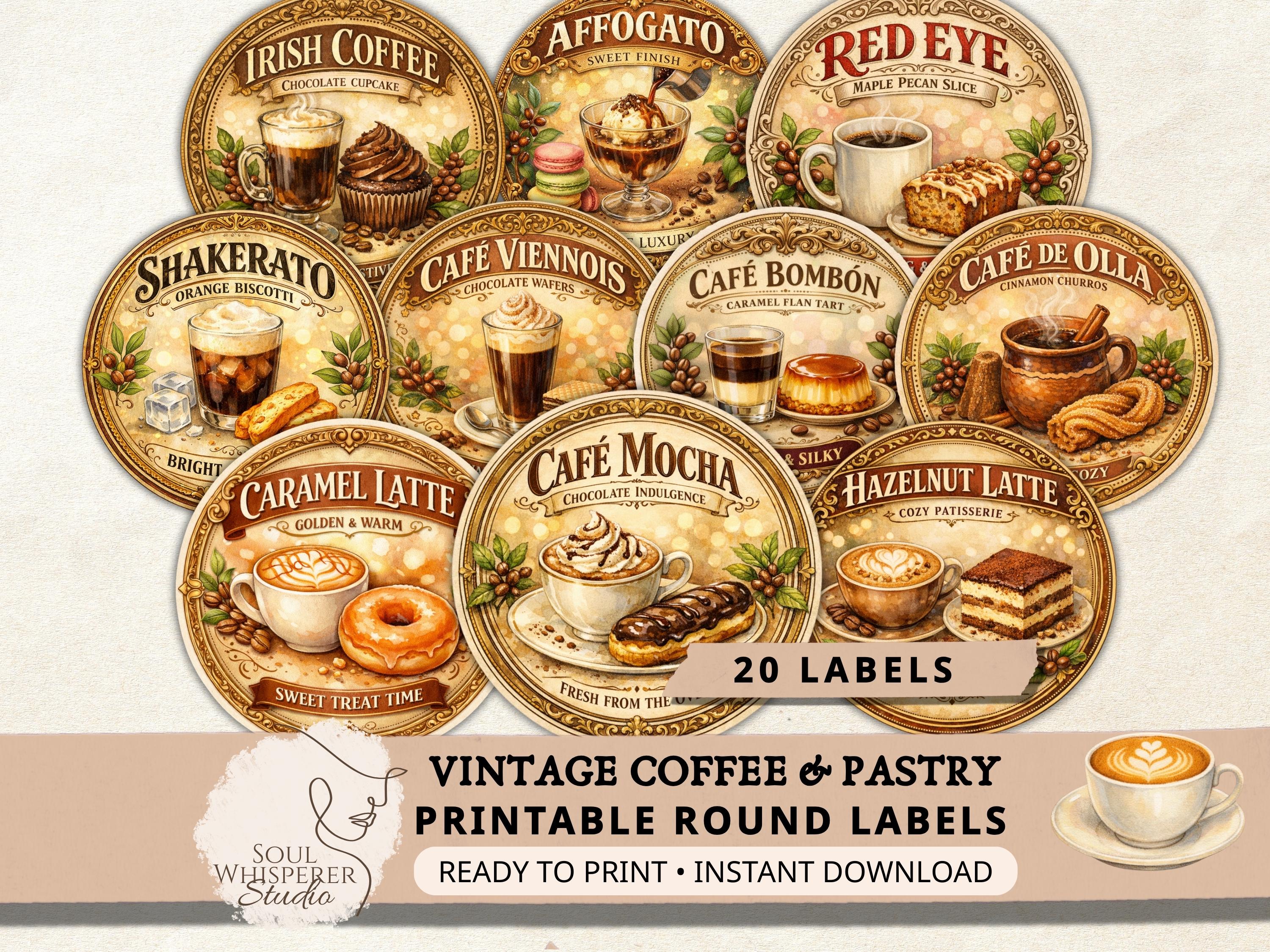 Printable Cafe Pastry Round Labels, Vintage Coffee Ephemera, Junk ...