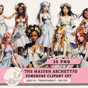 Maiden Archetype Clipart, Spring Goddess Transparent PNG, Feminine Floral Ephemera, Boho Woman Illustrations, Junk Journal Digital Download