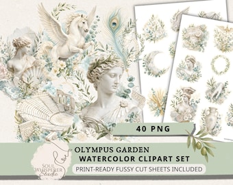 Greek Mythology Watercolor Clipart, Ancient Greece Marble Statue Printable, Botanical Fussy Cut PNG, Olympus Garden Junk Journal Scrapbook